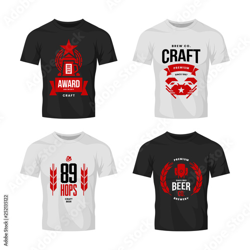 Modern craft beer drink vector logo sign for bar, pub, store, brewhouse or brewery on t-shirt mock up bundle. Premium quality crab, manufacturing logotype illustration set. Brewing fest badge design.
