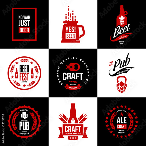 Modern craft beer drink isolated vector logo sign for bar, pub, store, brewhouse or brewery. Premium quality mug, hop, bottle logotype emblem illustration set. Brewing fest t-shirt badge design bundle
