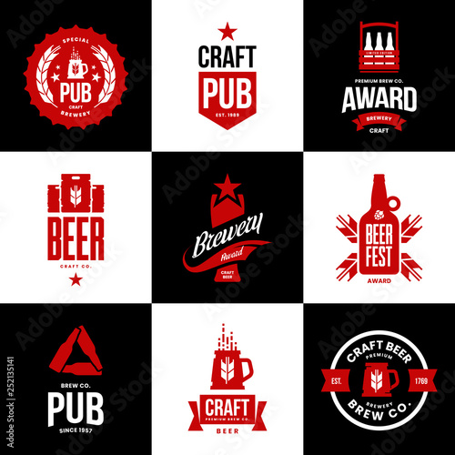 Modern craft beer drink isolated vector logo sign for bar, pub, store, brewhouse or brewery. Premium quality mug, keg, bottle logotype emblem illustration set. Brewing fest t-shirt badge design bundle