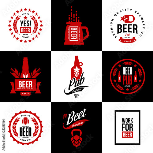 Modern craft beer drink isolated vector logo sign for bar, pub, store, brewhouse or brewery. Premium quality mug, hop, bottle logotype emblem illustration set. Brewing fest t-shirt badge design bundle
