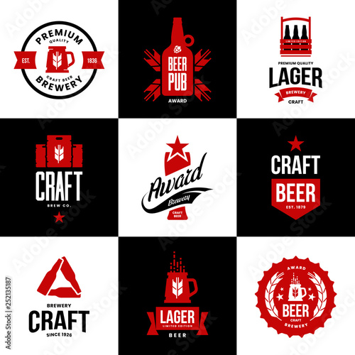Modern craft beer drink isolated vector logo sign for bar, pub, store, brewhouse or brewery. Premium quality mug, keg, bottle logotype emblem illustration set. Brewing fest t-shirt badge design bundle