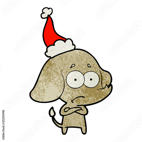 textured cartoon of a unsure elephant wearing santa hat