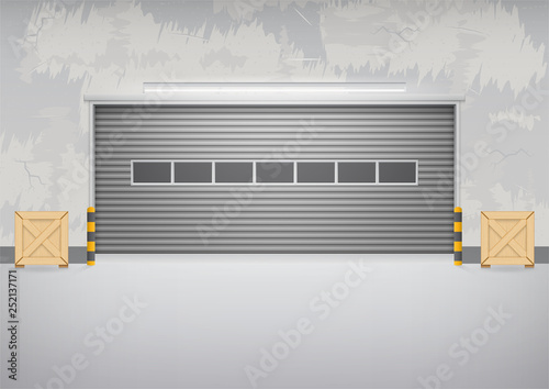 Roller door or roller shutter. Also called security door or security shutter. For protect residential, commercial and industrial building i.e. house, factory, warehouse, hangar. Vector illustration.