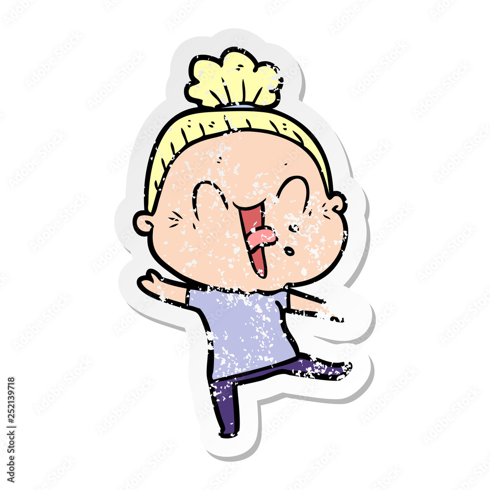 distressed sticker of a cartoon happy old woman distressed sticker of a cartoon happy old woman