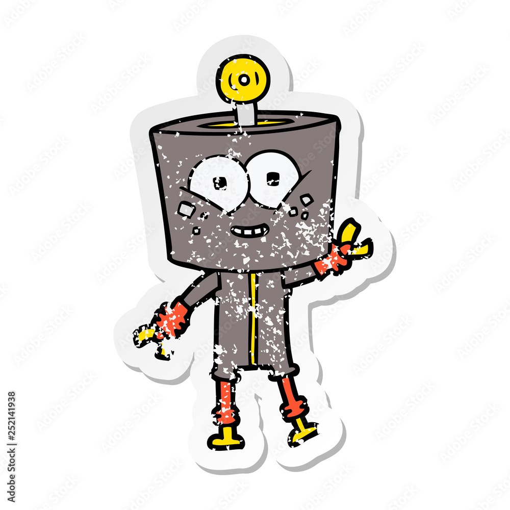 distressed sticker of a happy cartoon robot distressed sticker of a happy cartoon robot