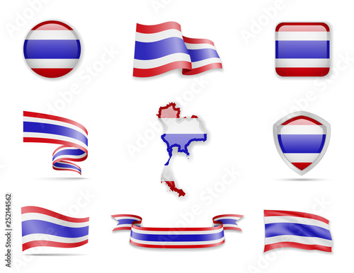 Thailand flags collection. Flags and outline of the country vector illustration set