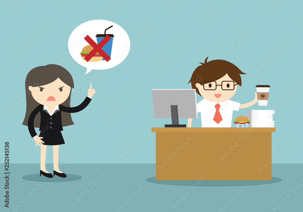 Business concept, Do not eating while working. Vector illustration. Business concept, Do not eating while working. Vector illustration.