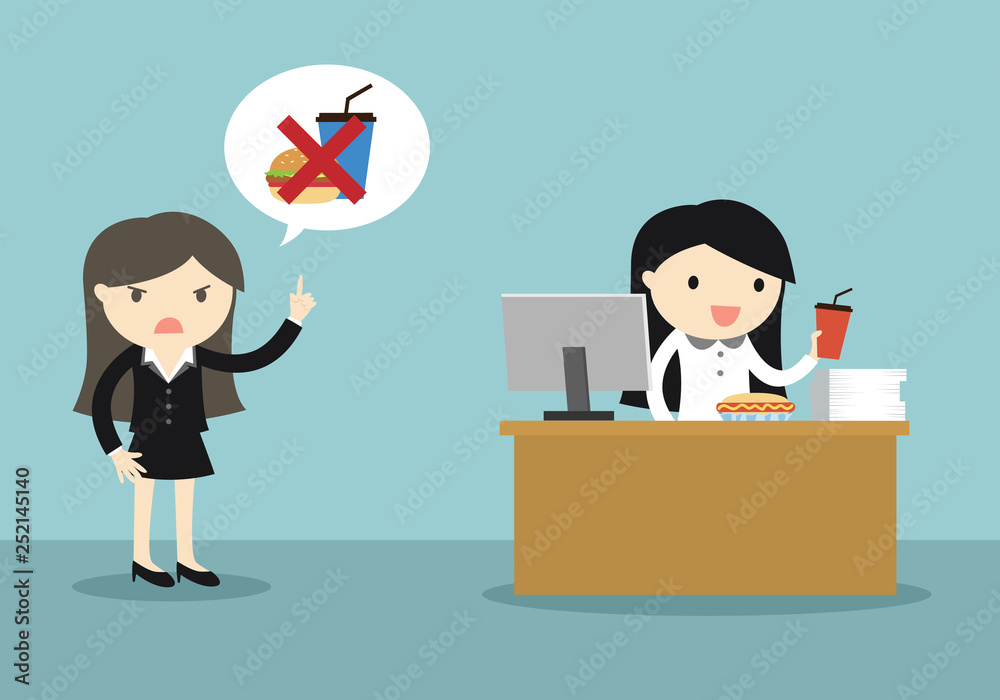 Business concept, Do not eating while working. Vector illustration. Business concept, Do not eating while working. Vector illustration.