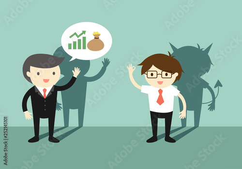 Businessman talking about investment with another man, but he is an untrustable person. Vector illustration.