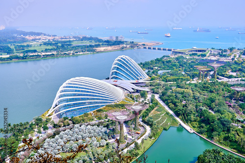 A view of the Gardens by the Bay and the Flower Dome seen from the heights of a hotel.