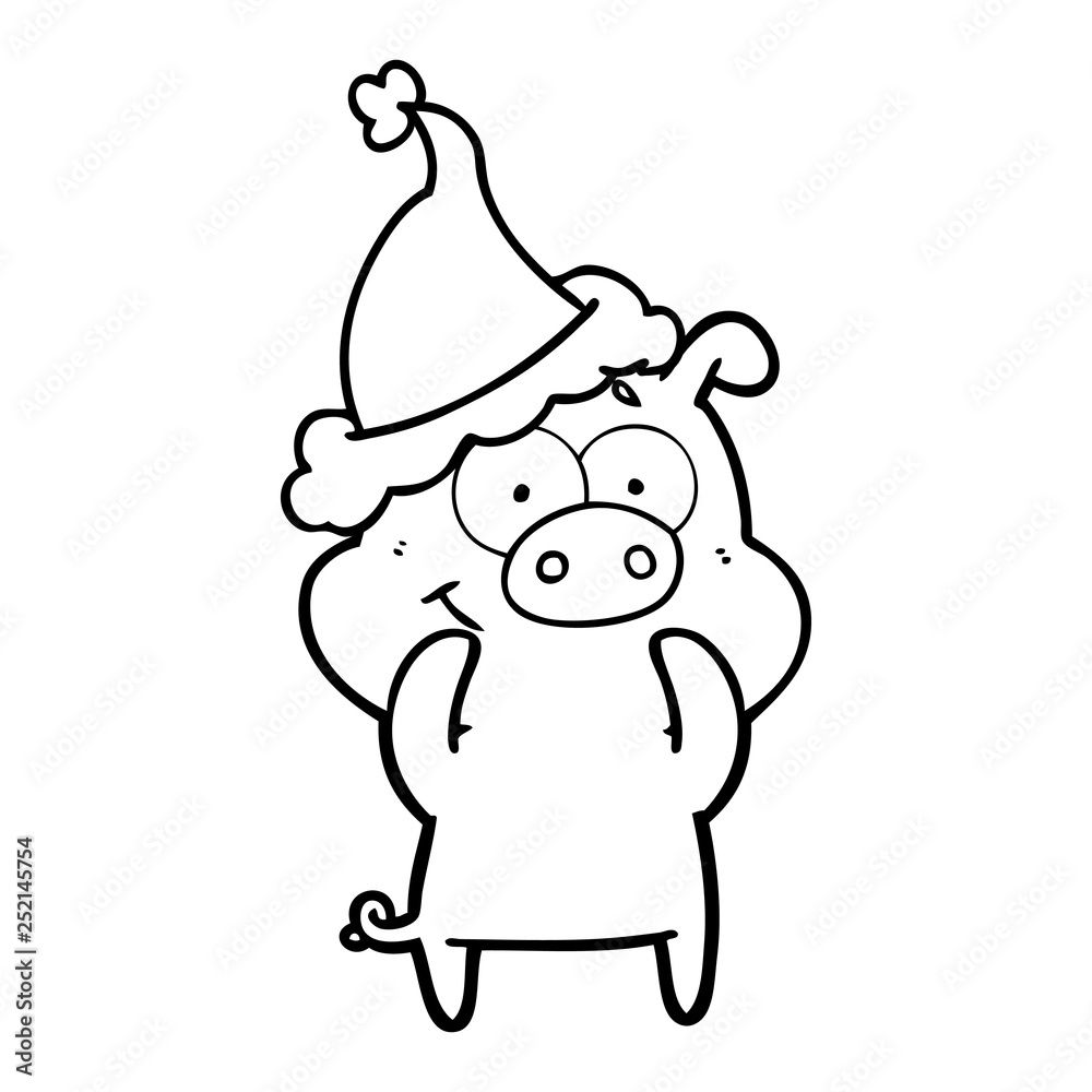 happy line drawing of a pig wearing santa hat happy line drawing of a pig wearing santa hat