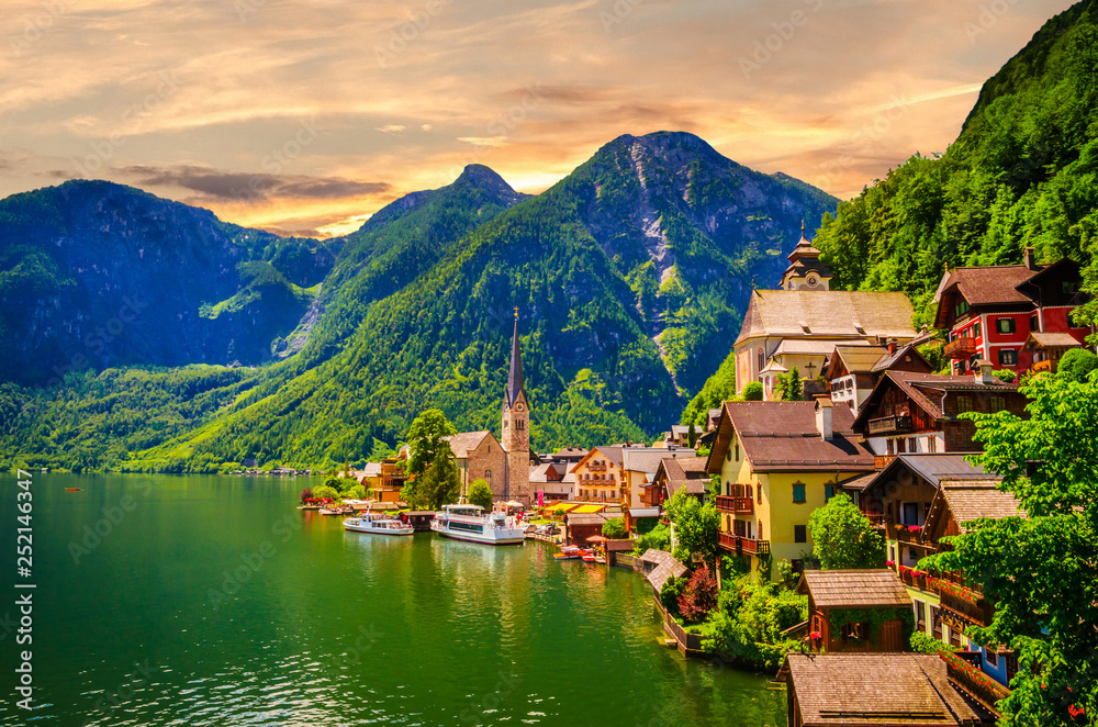 Fantastic view on Hallstatt village and alpine lake, Austrian Alps,  Salzkammergut, Austria, Europe