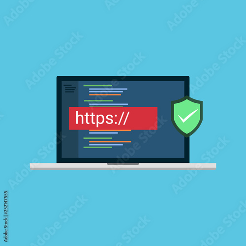 Secure your site with HTTPS, flat style secured ssl shield symbols, protected safe data encryption technology, https certificate privacy sign, protected payment idea, secure network connection.