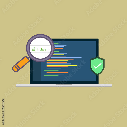 Secure your site with HTTPS, flat style secured ssl shield symbols, protected safe data encryption technology, https certificate privacy sign, protected payment idea, secure network connection.