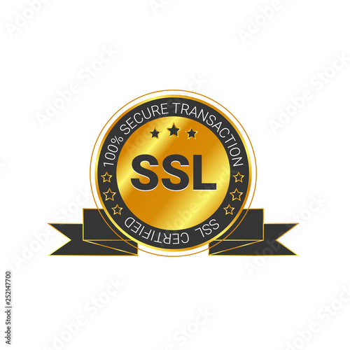 SSL Certified/certificate 100% secure transaction with encryption. illustration ssl certificate, ssl secured, ssl shield symbols, protected safe data. with ribbon, gold style & black color