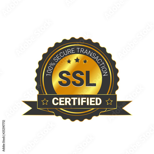 SSL Certified/certificate 100% secure transaction with encryption. illustration ssl certificate, ssl secured, ssl shield symbols, protected safe data. with ribbon, gold style & black color