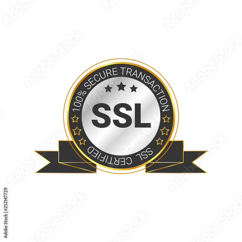 SSL Certified/certificate 100% secure transaction with encryption. illustration ssl certificate, ssl secured, ssl shield symbols, protected safe data. with ribbon, gold style & black color