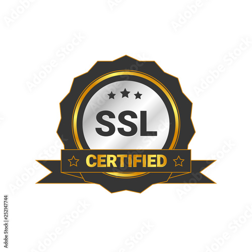 SSL Certified/certificate 100% secure transaction with encryption. illustration ssl certificate, ssl secured, ssl shield symbols, protected safe data. with ribbon, gold style & black color