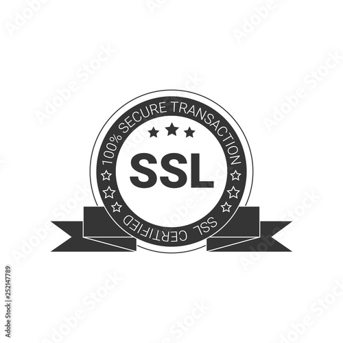 SSL Certified/certificate 100% secure transaction with encryption. illustration ssl certificate, ssl secured, ssl shield symbols, protected safe data. with ribbon, gold style & black color