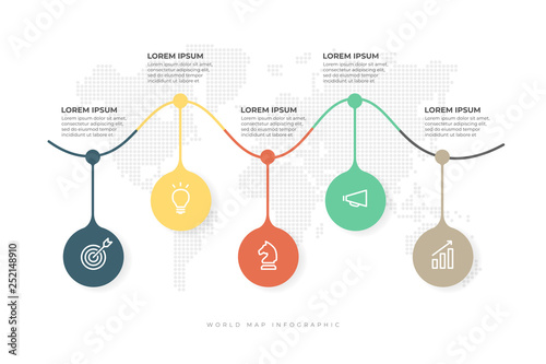 Business icon with world map background infographic template.Timeline with 5 options, steps or processes.