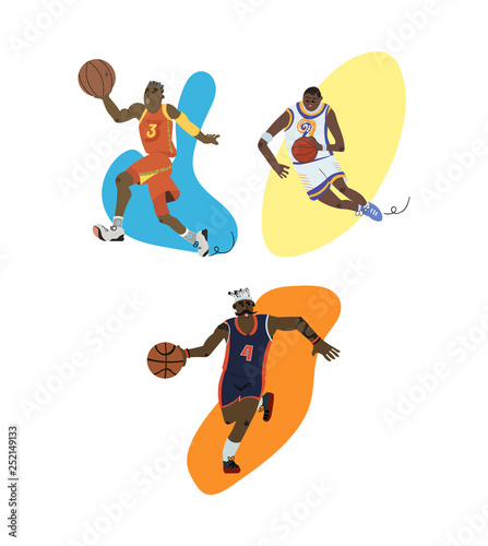 Cartoon basketball players set dribbling and possesion set photo