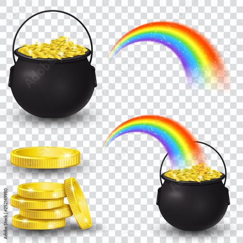 Cauldron full of gold coins and rainbow  © ekyaky