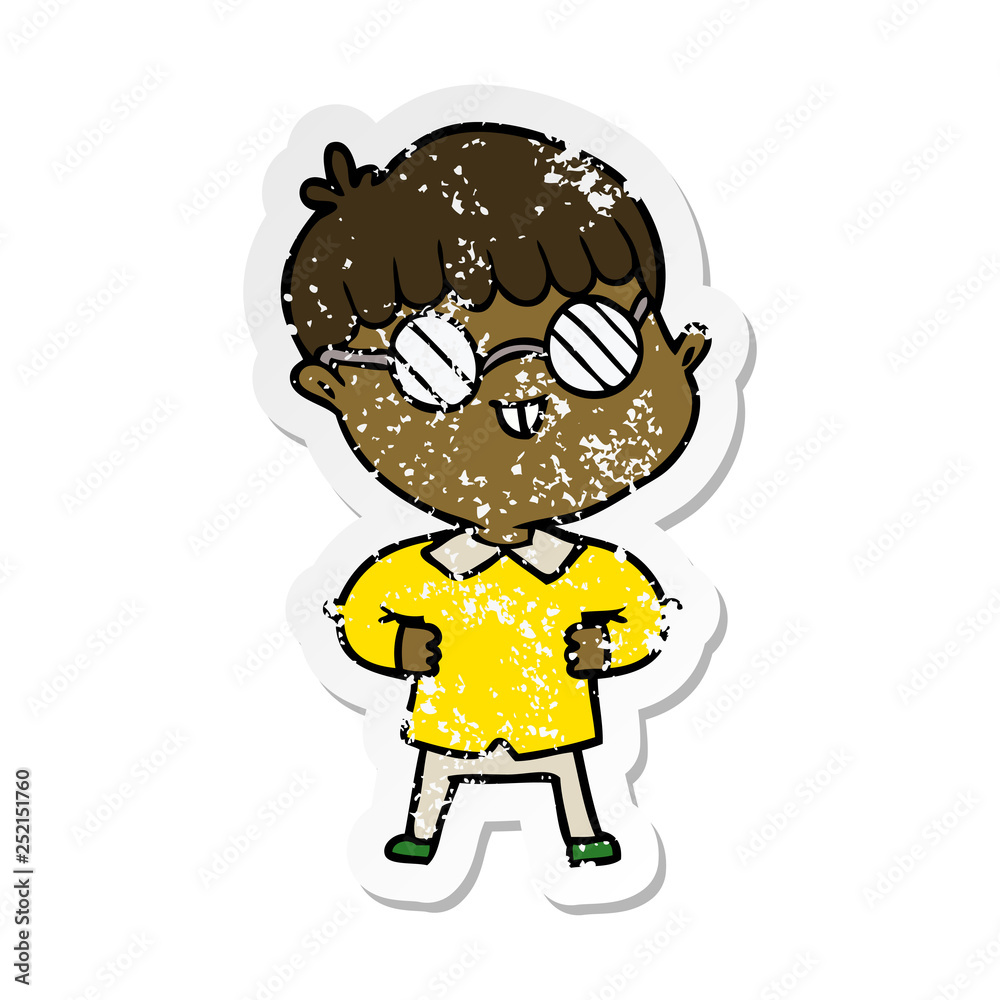 distressed sticker of a cartoon boy wearing spectacles distressed sticker of a cartoon boy wearing spectacles