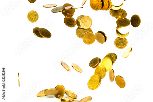 Movement of falling gold coin  flying coin  rain money isolated on white background  business and financial wealth and take profit concept.