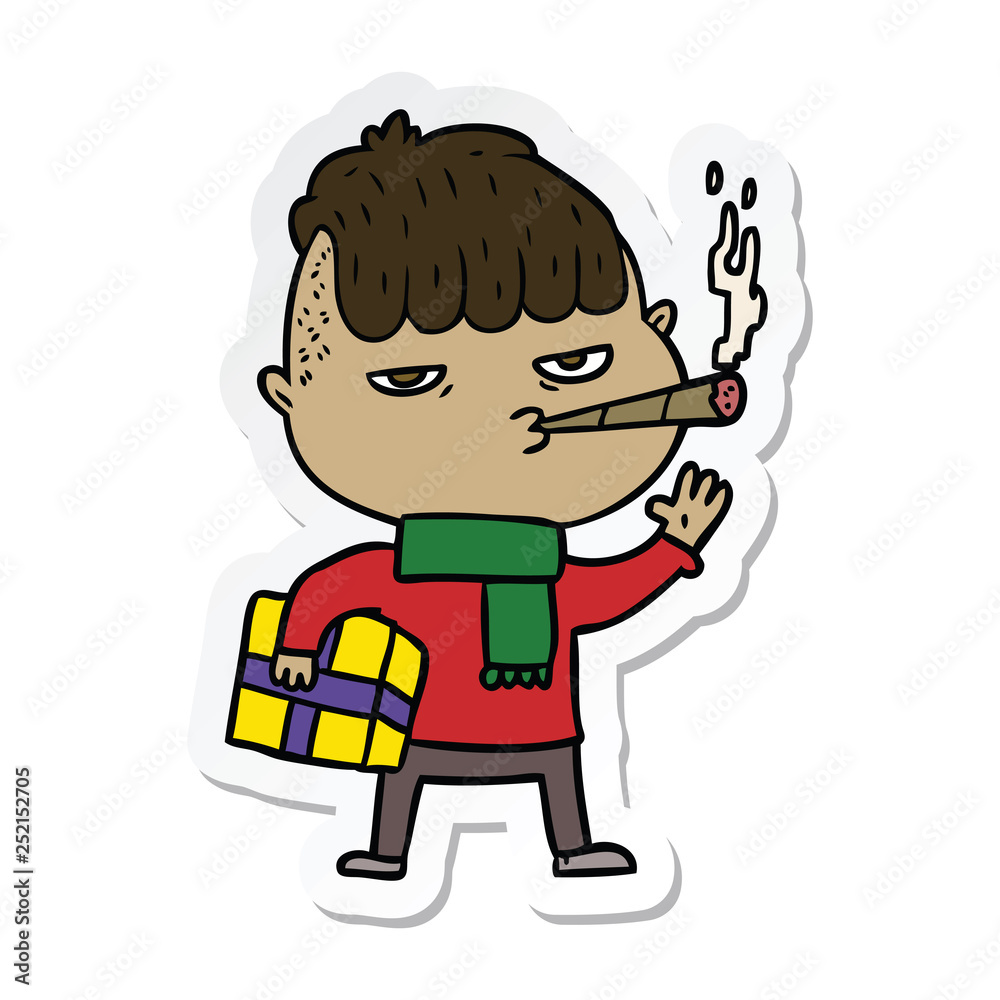sticker of a cartoon man smoking carrying christmas gift sticker of a cartoon man smoking carrying christmas gift