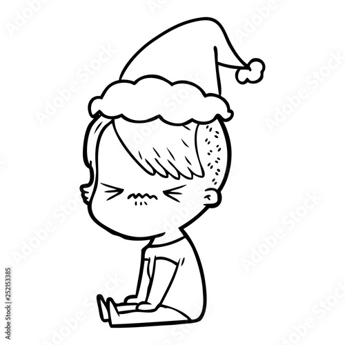 line drawing of a annoyed hipster girl wearing santa hat