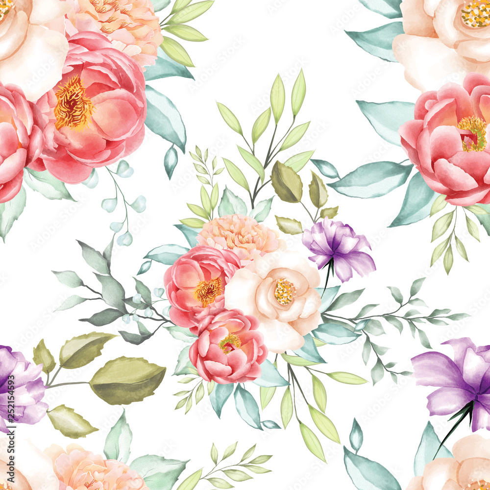watercolor eamless pattern floral and leaves - obrazy, fototapety, plakaty 