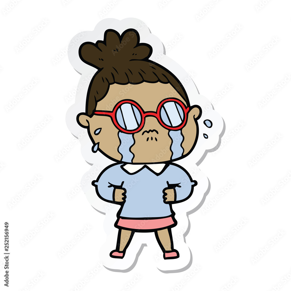 sticker of a cartoon crying woman wearing spectacles