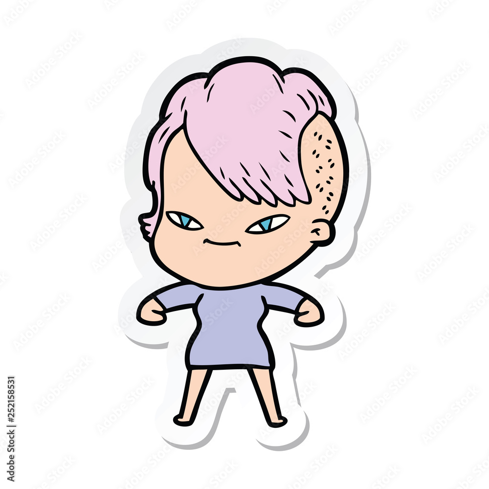 sticker of a cute cartoon girl with hipster haircut