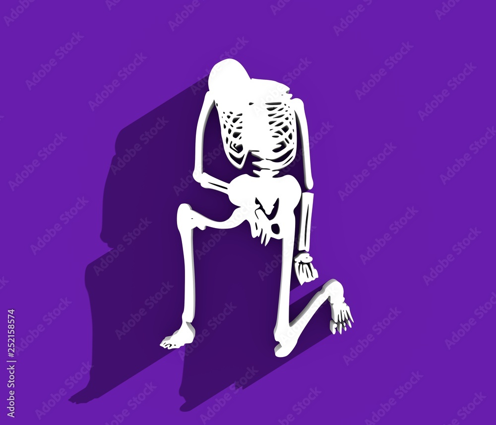 Human skeleton kneeling. Halloween party design template. 3D rendering. Web icon with long shadow Human skeleton kneeling. Halloween party design template. 3D rendering. Web icon with long shadow
