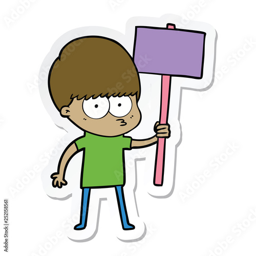 sticker of a nervous cartoon boy holding placard