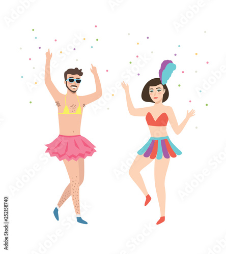 Carnival Party - Young couple in costumes having fun in parade festival party in Brazil.
