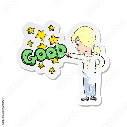 retro distressed sticker of a cartoon woman pointing out the good