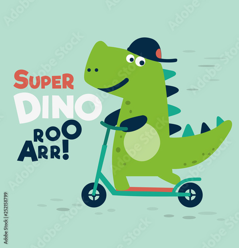 Cute dinosaur rides on kick scooter