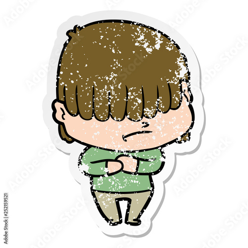 distressed sticker of a cartoon boy with untidy hair