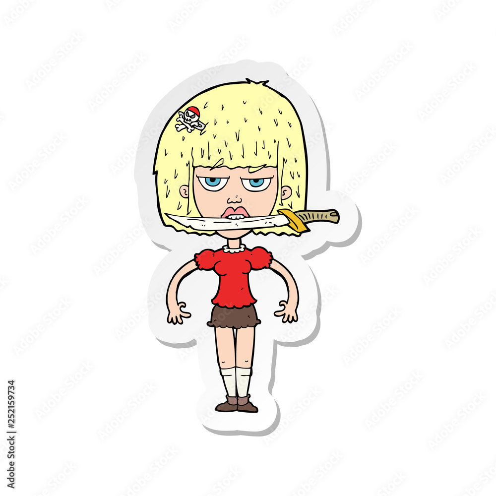 sticker of a cartoon woman with knife between teeth sticker of a cartoon woman with knife between teeth