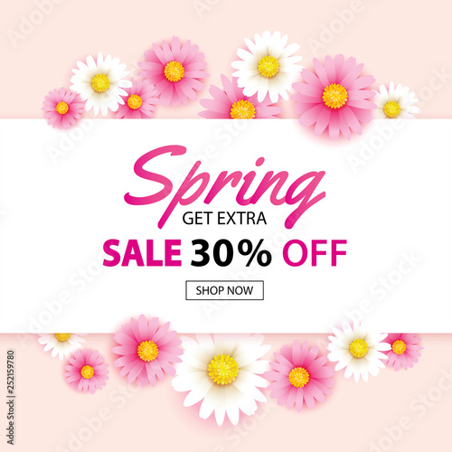 Spring sale banner with blooming flowers background template. Design for advertising, flyers, posters, brochure, invitation, voucher discount.