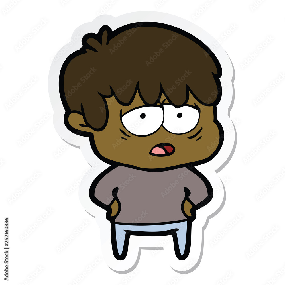 sticker of a cartoon exhausted boy