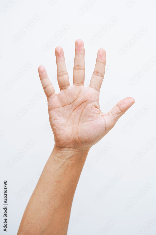 Man hand showing five fingers on white background. Man hand showing five fingers on white background.