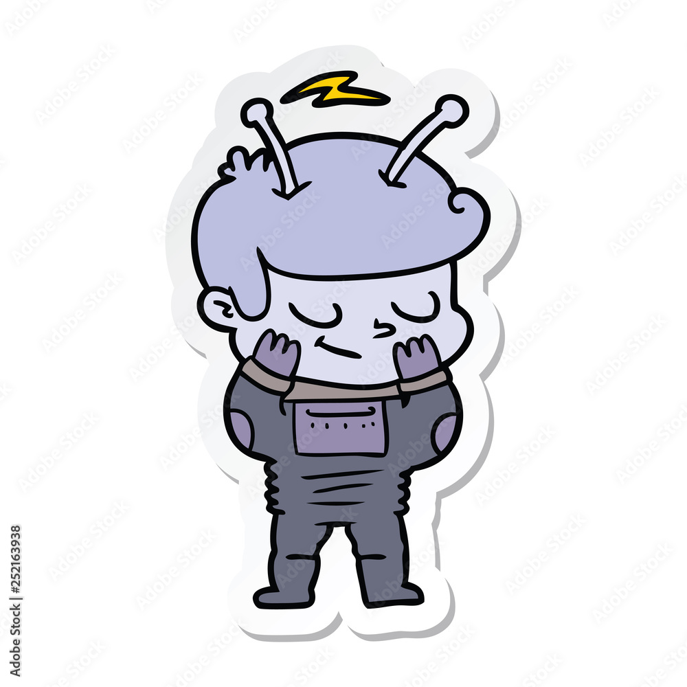 sticker of a bashful cartoon spaceman sticker of a bashful cartoon spaceman