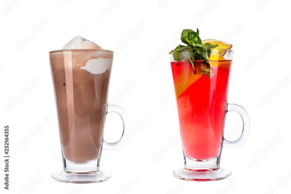 Various colorful cocktails in glass mugs on white background.