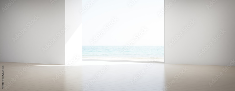 Sea view large living room of luxury summer beach house with big glass window and wooden floor. Empty white concrete wall background in vacation home or holiday villa. Hotel interior 3d illustration. Sea view large living room of luxury summer beach house with big glass window and wooden floor. Empty white concrete wall background in vacation home or holiday villa. Hotel interior 3d illustration.