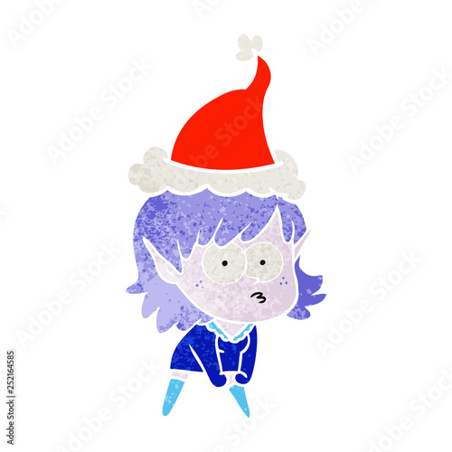 retro cartoon of a elf girl staring and crouching wearing santa hat