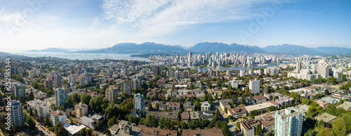 Aerial Panoramic view of a modern city during a sunny summer day. Taken in Vancouver, BC, Canada.