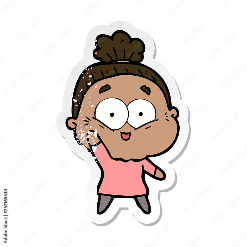 distressed sticker of a cartoon happy old woman distressed sticker of a cartoon happy old woman