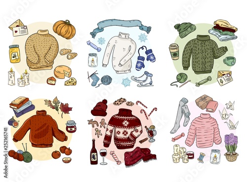 Cozy hygge doodles collection set. Cute stickers
